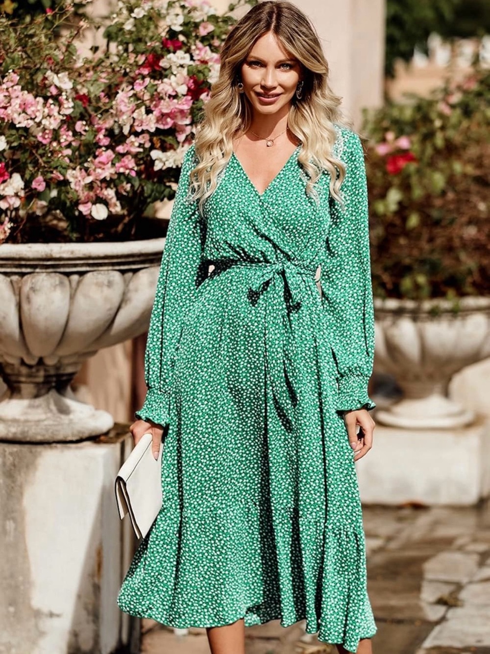 Green Floral Wrap Midi Dress with Self-Tie Waist